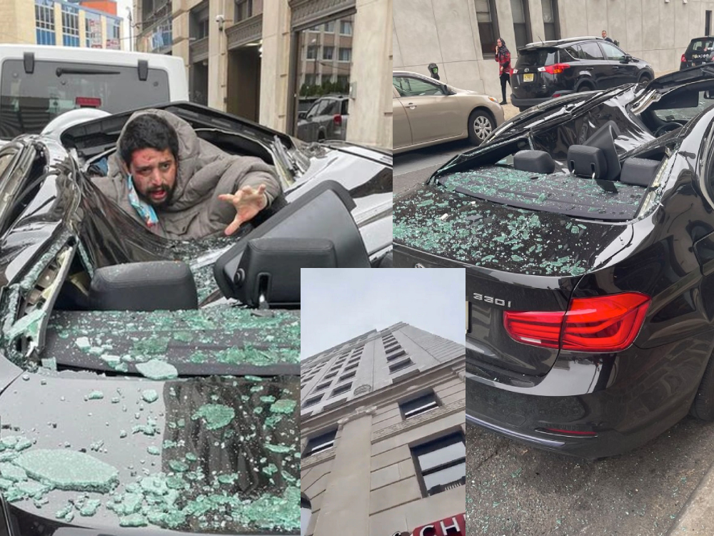 美國男子從中廈9樓墮下，壓毀一輛私家車。 （網上圖片）
