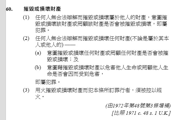 《刑事罪行條例》第60條。電子版香港法例截圖