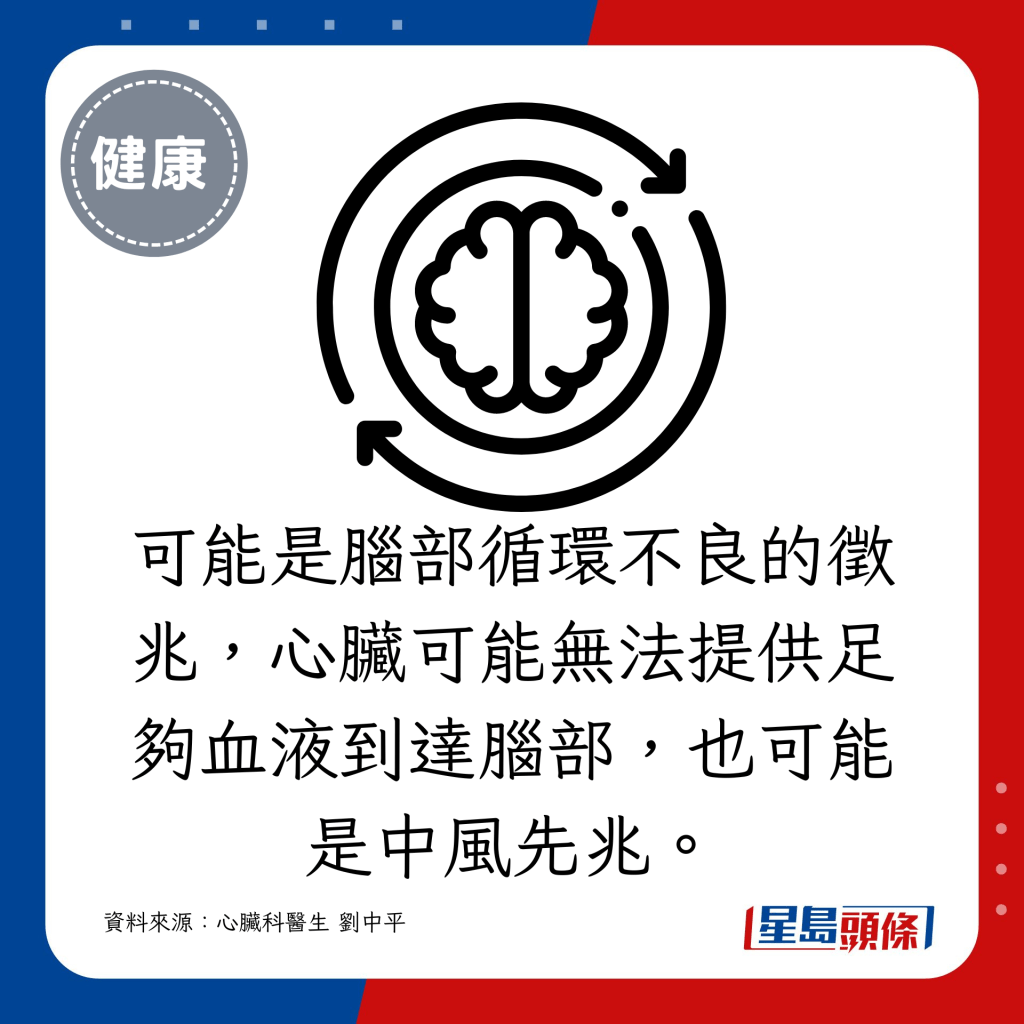 可能是腦部循環不良的徵兆，心臟可能無法提供足夠血液到達腦部，也可能是中風先兆。