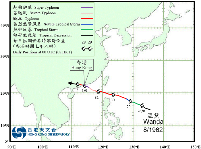 1962年超強颱風「溫黛」的路徑。天文台圖片 1962年超強颱風「溫黛」的路徑。天文台圖片
