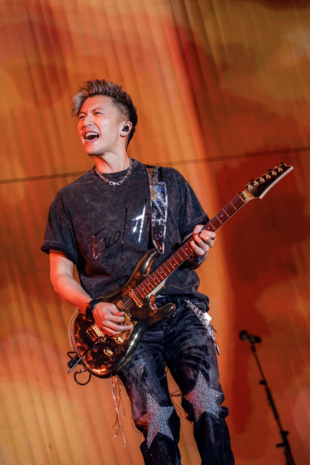 謝霆鋒在台上rock爆彈結他,其中《活著VIVA》更引起現場哄動。 謝霆鋒在台上rock爆彈結他,其中《活著VIVA》更引起現場哄動。