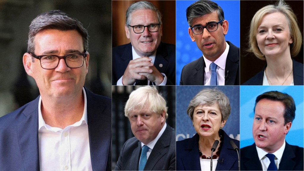 英國10年換7任首相，（左）貝安德、（右上）施紀賢、辛偉誠、卓慧思、（右下）約翰遜、文翠珊、卡梅倫。 路透社組圖