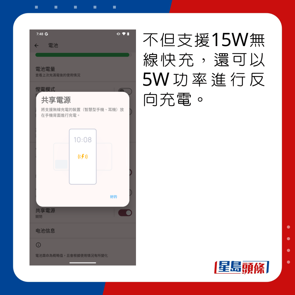 不但支援15W無線快充，還可以5W功率進行反向充電。