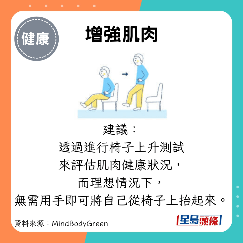 增強肌肉：建議： 透過進行椅子上升測試 來評估肌肉健康狀況， 而理想情況下， 無需用手即可將自己從椅子上抬起來。