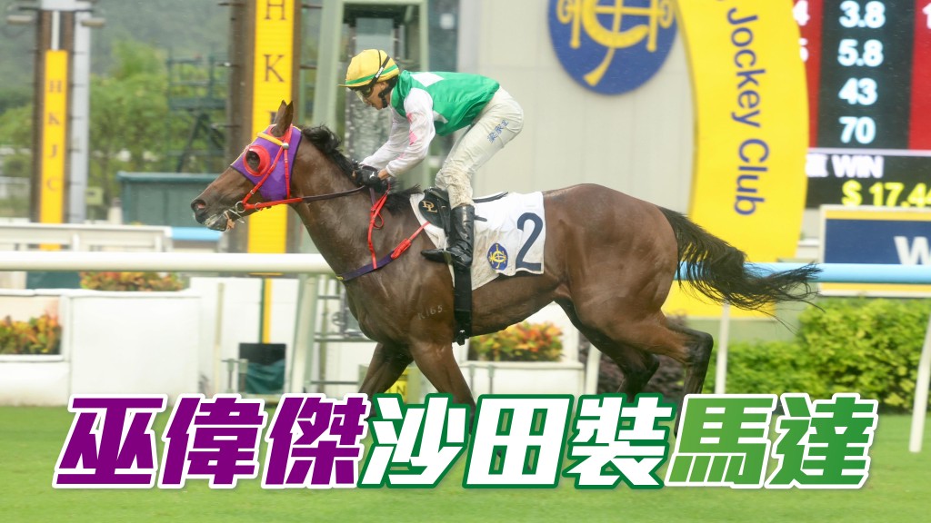 是日參賽馬大打水戰，巫偉傑的成績最理想，憑「馬達」(圖) 與「會當凌」包辦第二口孖寶，季內跑過三次沙田賽事箭無虛發，次次贏馬。