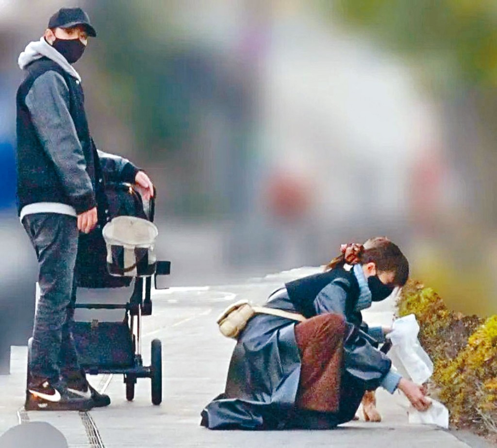 桐谷美玲與三浦翔平帶兒子及愛犬散步，桐谷為愛犬清理便便。