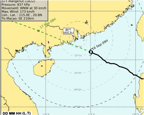 澳門或在中午前後或發出10號風球。圖:澳門氣象局