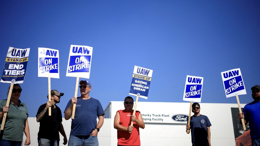 福特肯塔基州卡車工廠外的UAW罷工糾察隊。 路透社