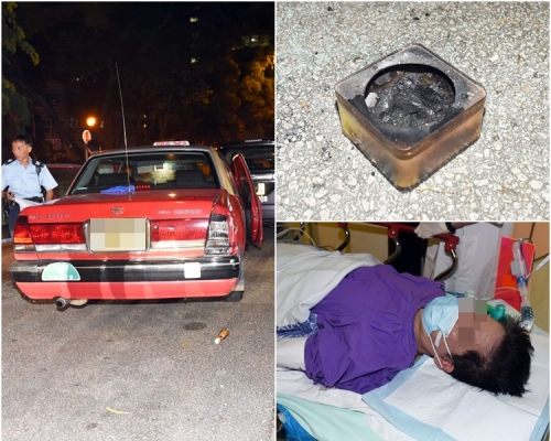 右上,的士車廂內有一盤燒過的炭;右下為昏迷送院的司機。