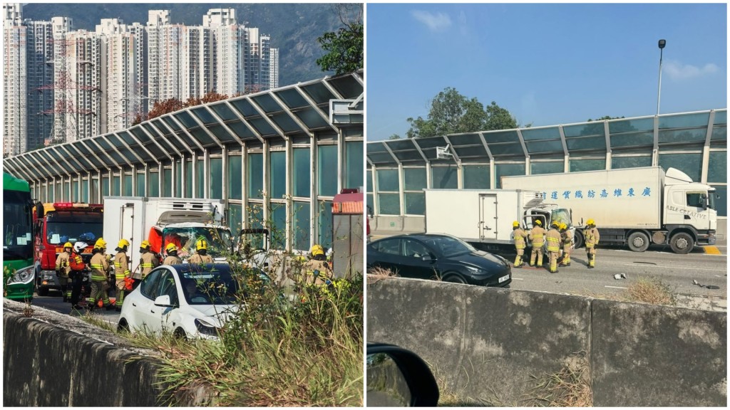 元朗公路泥头车与货车相撞一人伤。网上图片