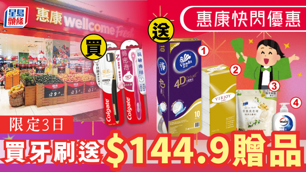 惠康優惠｜超市買高露潔牙刷送$144.9日用品！維達4D廁紙/洗衣球/洗手液