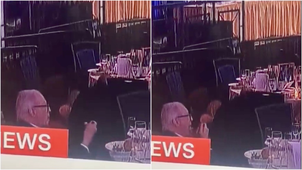 白宮記者晚宴槍擊當下，一名男子穩坐在自己的坐位上淡定食沙律惹關注。  X@TheGunzShow