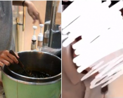 台灣一名飲品店男店員將珍珠吐回電飯鍋中。「爆料公社」截圖