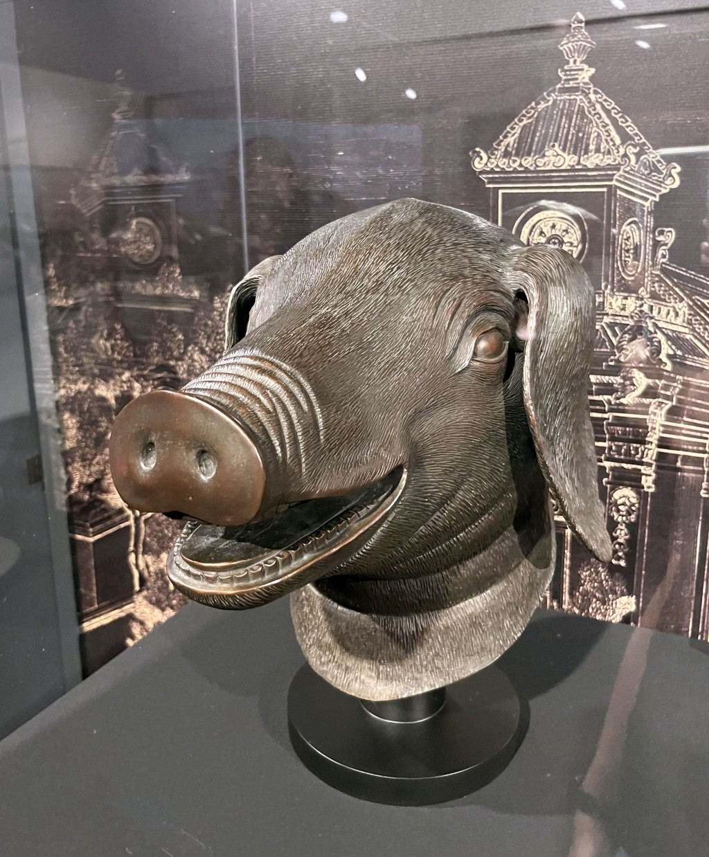 豬首青銅雕塑。清乾隆年間（1736–1795年）復原模型。（新加坡國家文物局亞洲文明博物館借展）