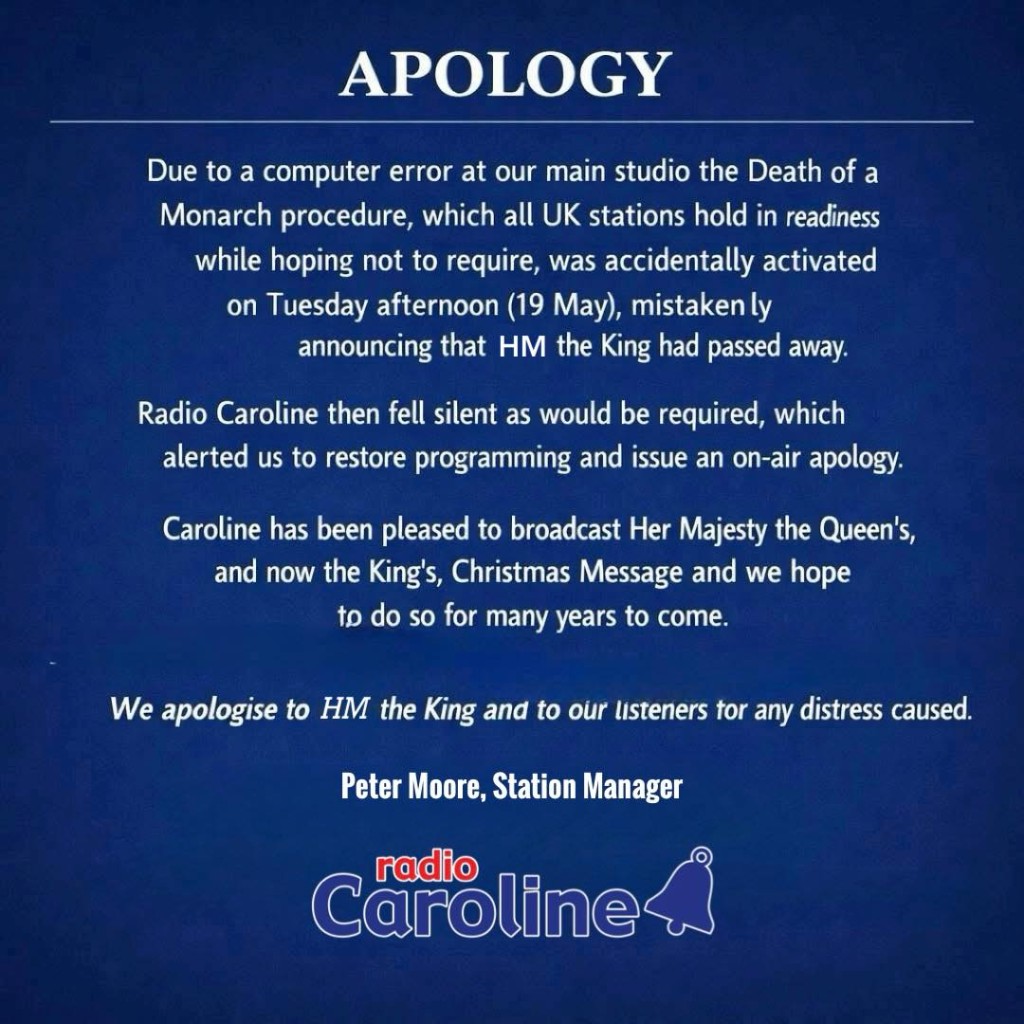卡罗琳电台之道歉声明。Radio Caroline@Facebook