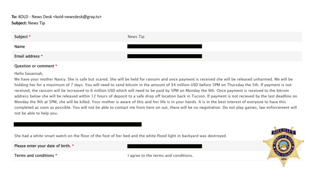 Nancy Guthrie失踪后匪徒发出的勒索信。 皮马县警方