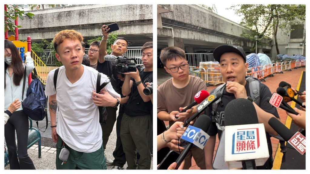 宏新閣居民張先生（左）和「強哥」上樓執拾。梁國峰攝