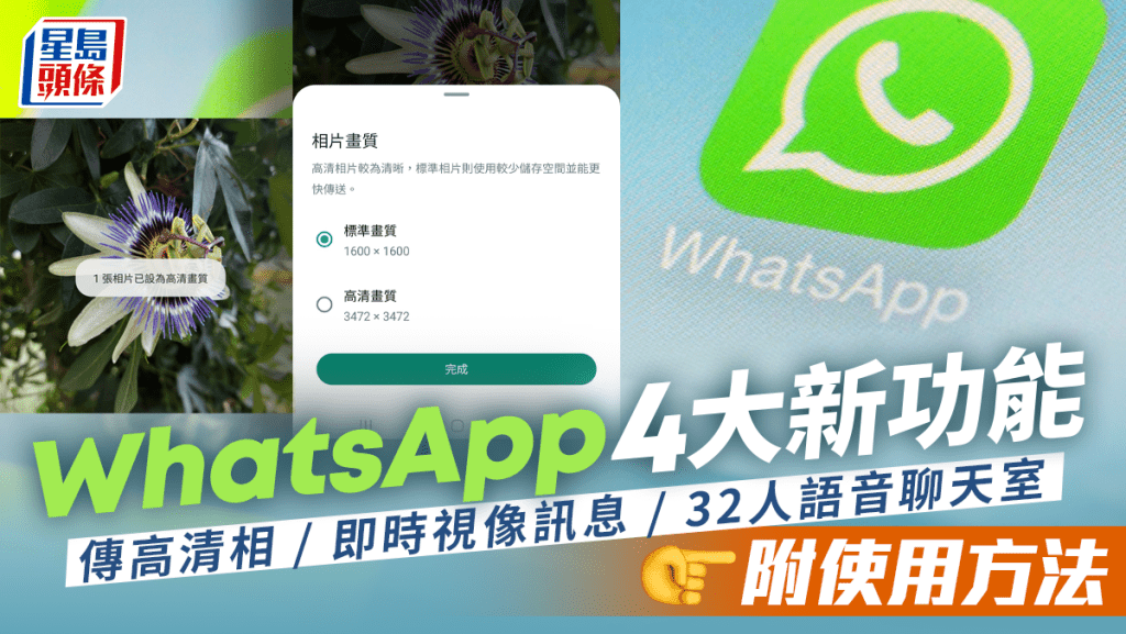 WhatsApp新功能｜WhatsApp推4大新功能 傳高清相/即時視像訊息/32人群組語音聊天室 附使用方法