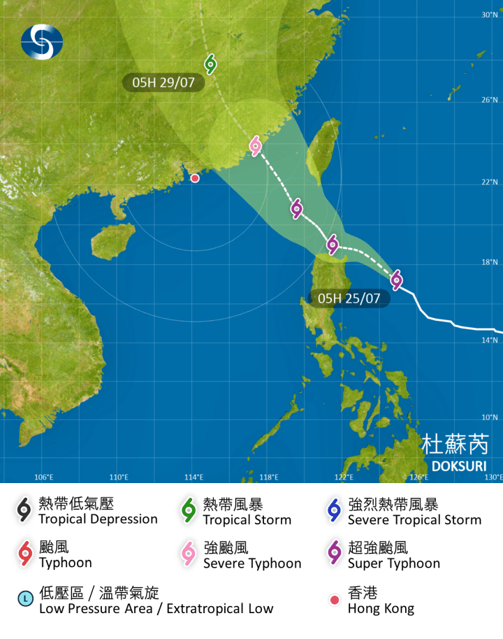 杜蘇芮昨晚已增強為超強颱風。圖為天文台7月25日早上的路徑預測。（天文台網頁）