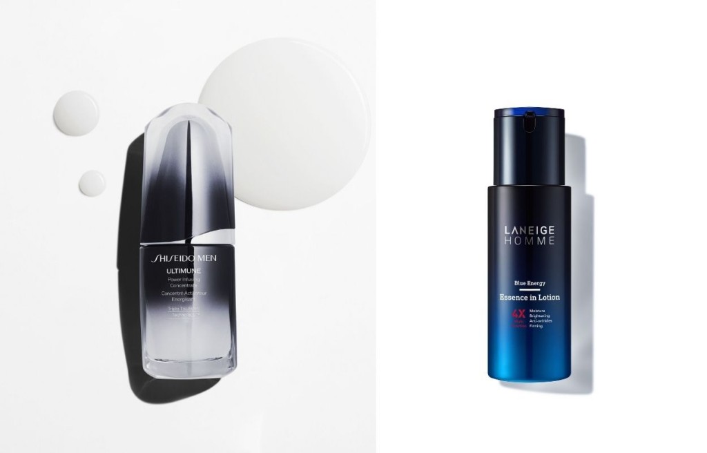 左/Shiseido Men煥能肌活免疫再生精華/$520，糅合山茶花FL複合物及靈芝精華，有助提升肌膚免疫力及抗氧化能力。右/Laneige男士多效緊緻保濕精華/$250，蘊含激活皮膚的純淨深海水及螺旋藻精華，瞬間喚醒健康肌膚。