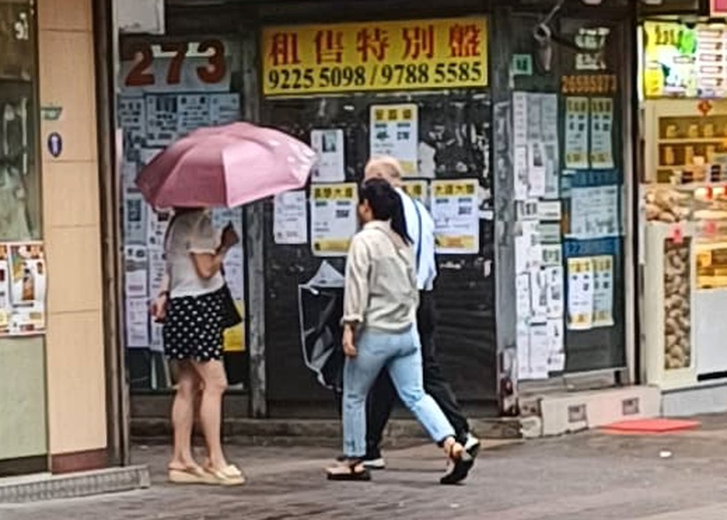 在大埔墟兜搭记者的妇人不久成功游说一名白发老翁，两人把臂步入后巷，旁边打伞妇人亦是「北嫂」。 陶法德摄