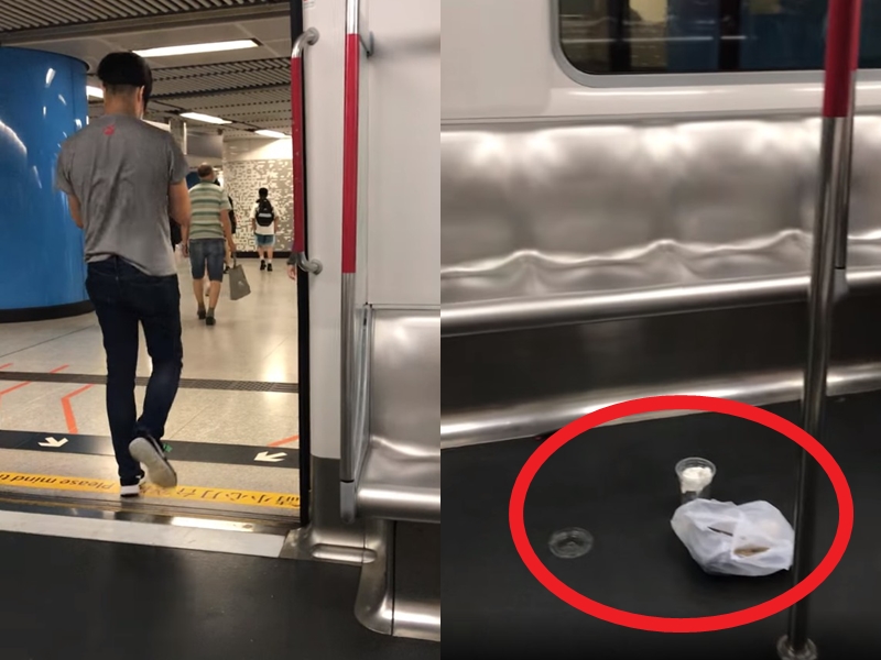 男子食完更将垃圾留在车厢，然后下车离开。网民Caca Yip影片截图 