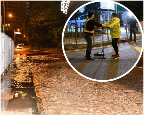 爆水管後夾雜沙石的水從地底湧出路面。小圖為水務處派員關水掣。
