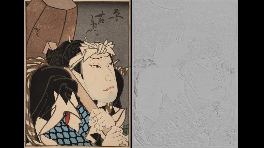 日本版画和电脑扫描下的表面纹理。（图片来源：Archiox/Bodleian Library）