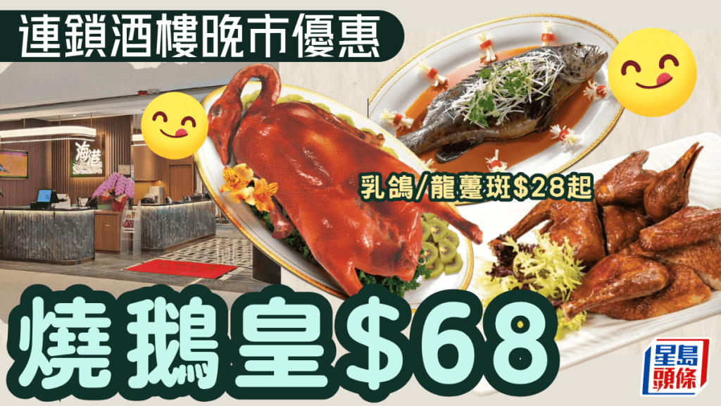 連鎖酒樓晚市小菜優惠！燒鵝皇$68 乳鴿/龍躉斑$28起 全港多間分店供應 