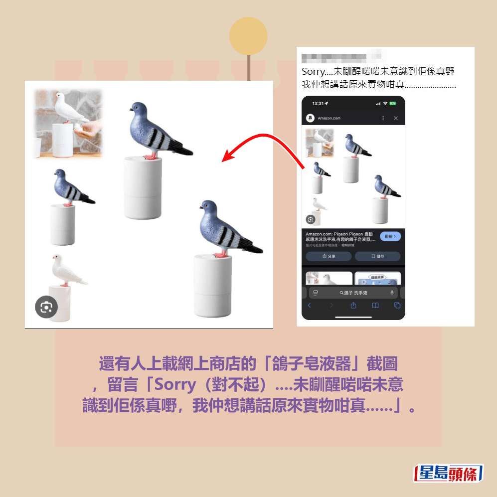 還有人上載網上商店的「鴿子皂液器」截圖 ,留言「Sorry(對不起)....未瞓醒啱啱未意 識到佢係真嘢,我仲想講話原來實物咁真......」。Threads截圖 還有人上載網上商店的「鴿子皂液器」截圖 ,留言「Sorry(對不起)....未瞓醒啱啱未意 識到佢係真嘢,我仲想講話原來實物咁真......」。Threads截圖