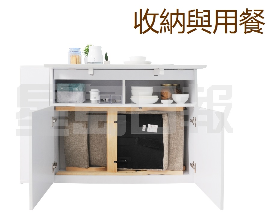 LOFTi系列的这个贮物柜和餐桌合二为一，让你收纳各种物品，同时打开便能作为用餐空间，柜子更可放置2张可折式椅子，方便实用，让你的饭厅更整齐宽敞。