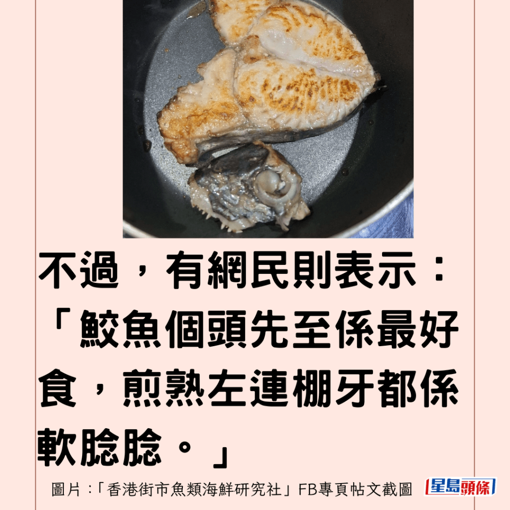  不過，有網民則表示：「鮫魚個頭先至係最好食，煎熟左連棚牙都係軟腍腍。」