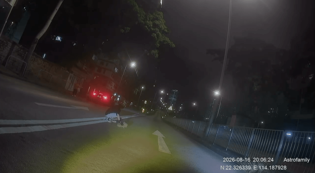 鐵騎士在路中將小狗按住,以防在路中亂竄。Facebook 車cam L(香港群組)影片截圖 鐵騎士在路中將小狗按住,以防在路中亂竄。Facebook 車cam L(香港群組)影片截圖