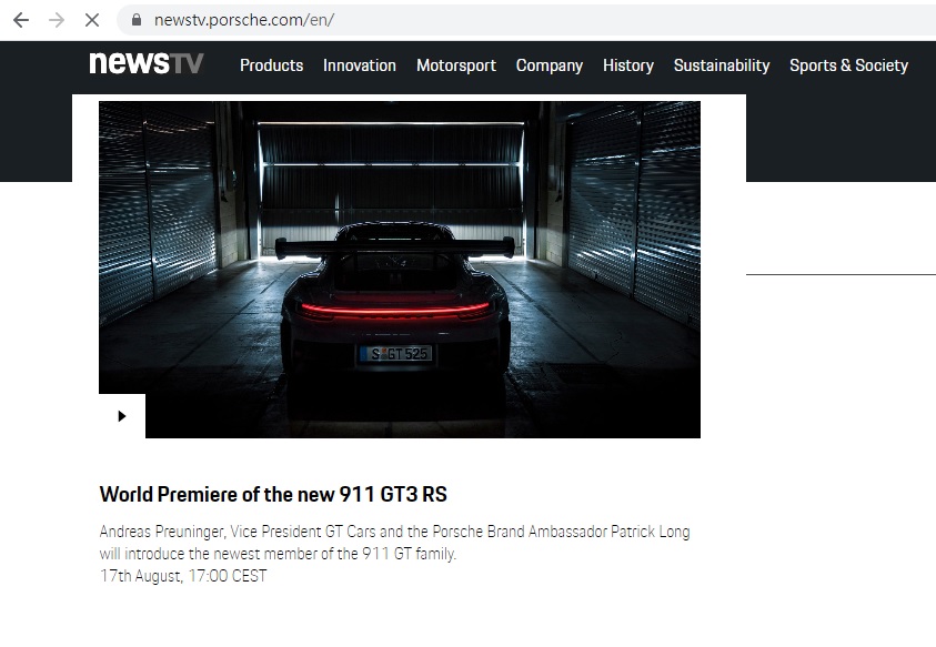 ●保時捷官方網頁明晚(8月17日)香港時間11pm直播992 GT3 RS全球發布會。