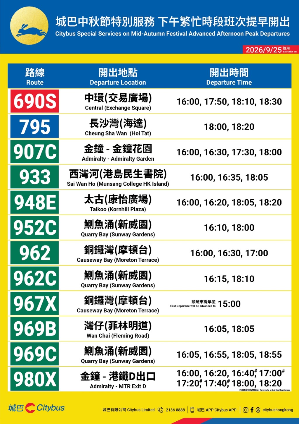 城巴中秋提早30+條巴士線下午繁忙時段開出!涵蓋金鐘/中環/灣仔多個熱門上班地點 城巴中秋提早30+條巴士線下午繁忙時段開出!涵蓋金鐘/中環/灣仔多個熱門上班地點