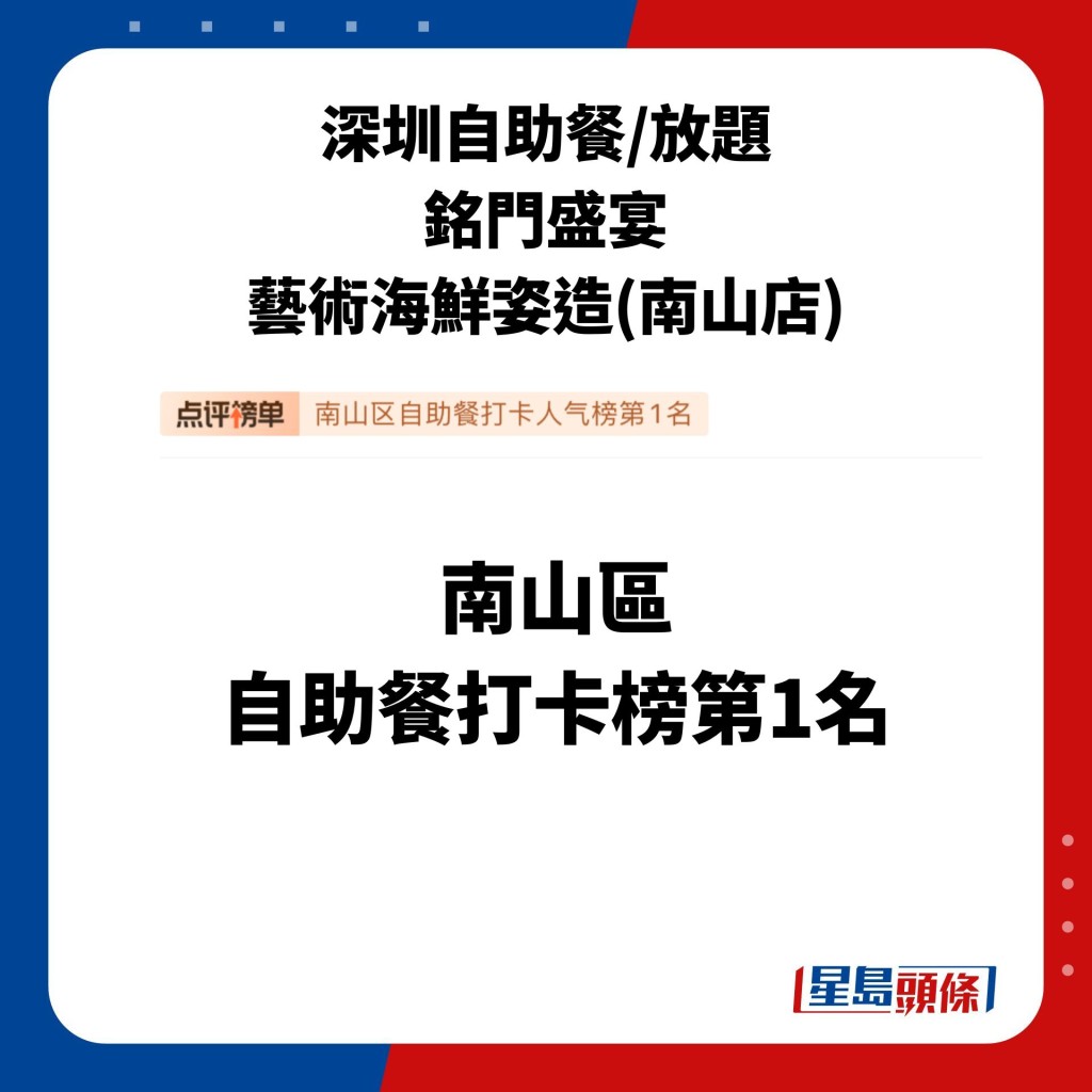 铭门盛宴·艺术海鲜姿造(南山店)登上大众点评的点评榜单上南山区自助餐打卡榜第1名