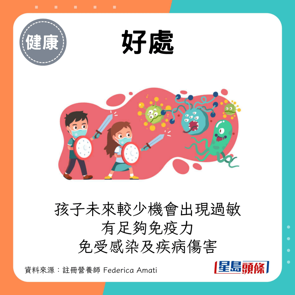 孩子未来会较少机会出现过敏，而且会有足够的免疫力免受感染及疾病伤害。