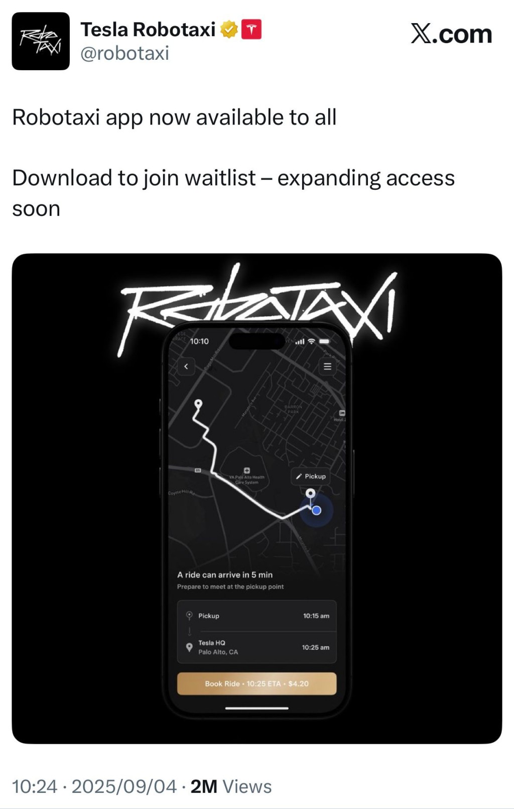 Tesla Robotaxi於周三在社交平台X發文 Tesla Robotaxi於周三在社交平台X發文