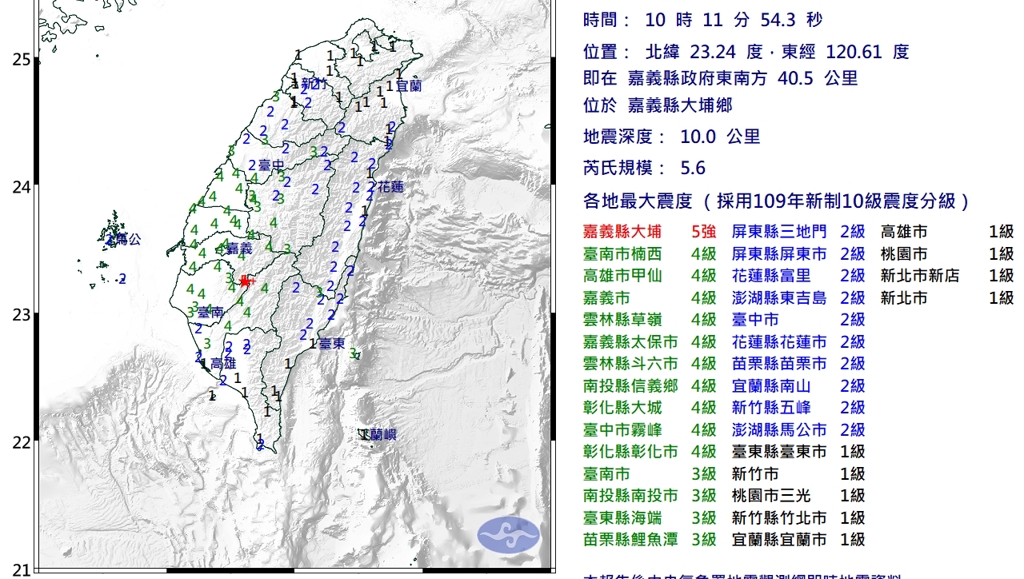 台灣嘉義今晨地震。