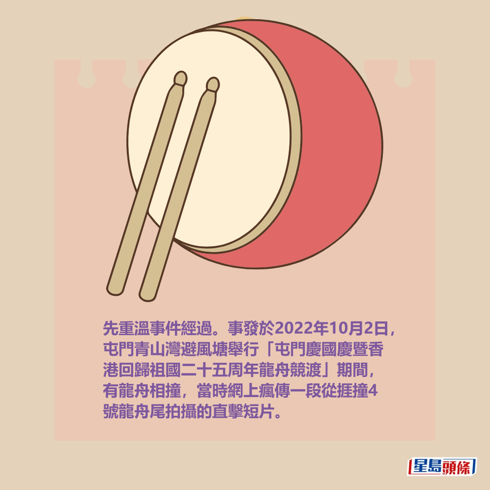 先重溫事件經過。事發於2022年10月2日， 屯門青山灣避風塘舉行「屯門慶國慶暨香 港回歸祖國二十五周年龍舟競渡」期間， 有龍舟相撞，當時網上瘋傳一段從捱撞4 號龍舟尾拍攝的直擊短片。