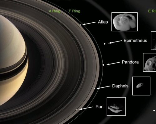 美国太空总署（NASA）太空船「卡西尼号」（Cassini）2017年近距离观测到土星环中的5颗小卫星。　网上图片