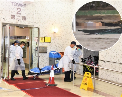 仵工移走死者遺體。小圖為62歲男子從大廈高處墮下,當場身亡。
