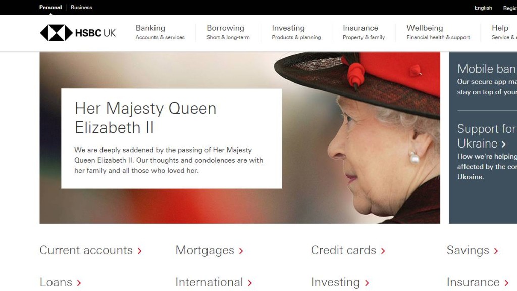 匯豐英國的網頁，不但在首頁刊登女皇照片及悼文，更將公司商標轉黑色