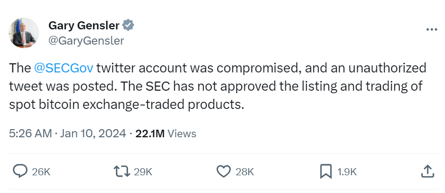 SEC主席Gary Gensler亦是事件受害者，亦发文澄称SEC帐号被盗。
