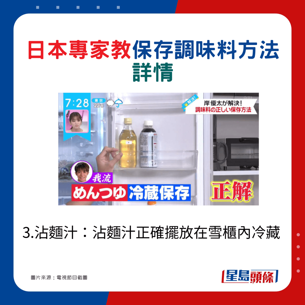 3.沾麵汁：沾麵汁正確擺放在雪櫃內冷藏