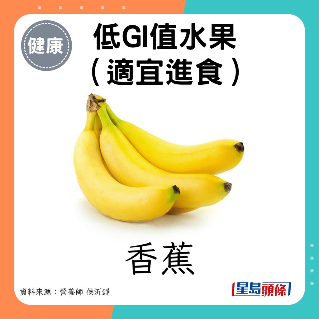 低GI值水果（适宜进食）：香蕉。