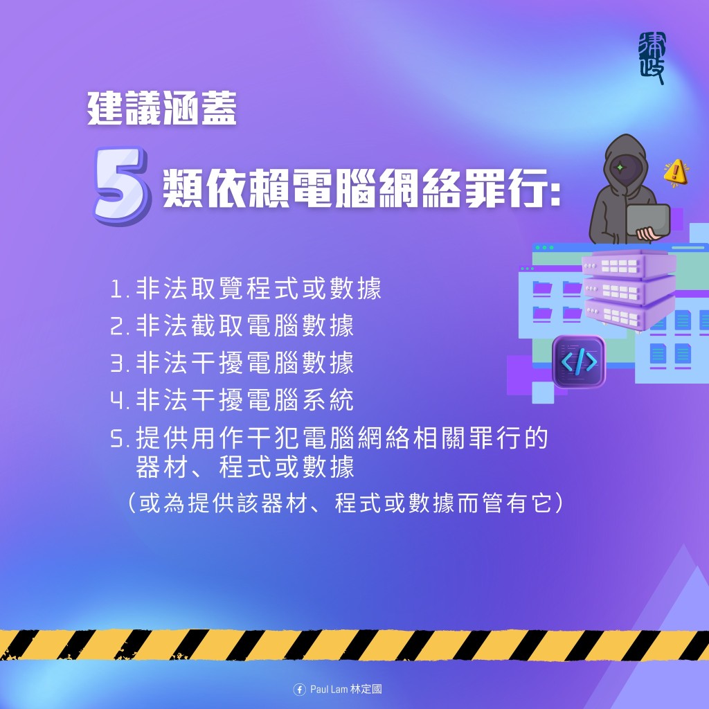 法改會建議的新法例將涵蓋以下五類依賴電腦網絡的罪行。林定國FB圖片