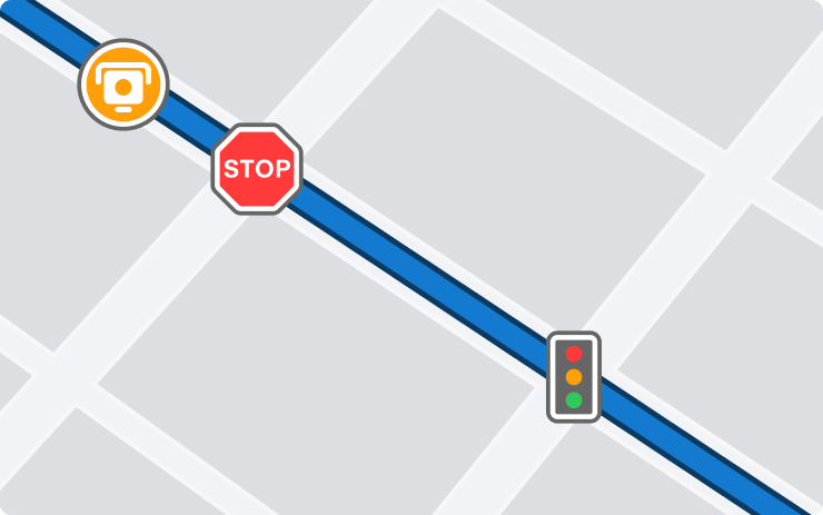 實時導航會顯示交通燈、停車路牌及快相偵測的位置。