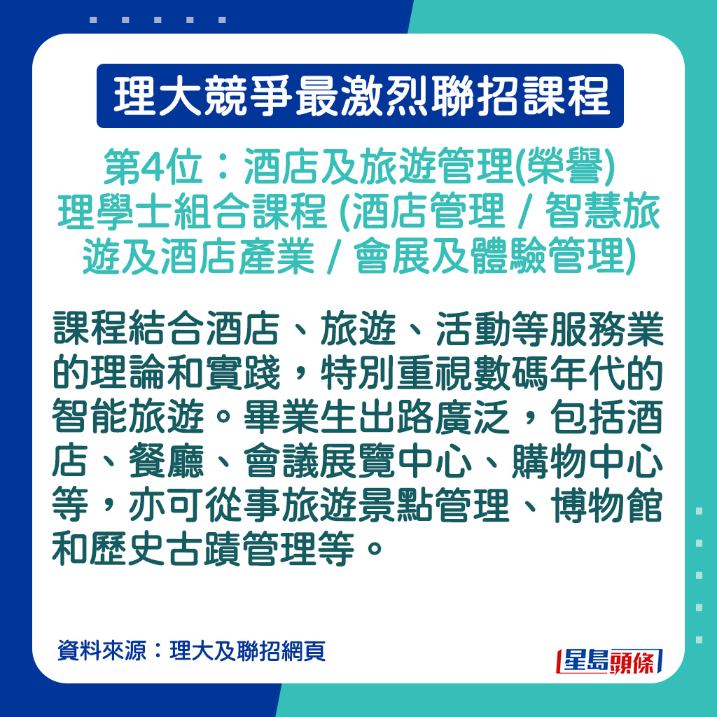 酒店及旅遊管理(榮譽)理學士組合課程 (酒店管理 / 智慧旅遊及酒店產業 / 會展及體驗管理)的課程簡介。