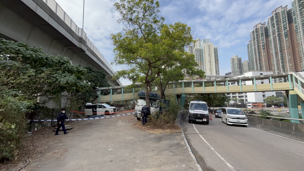 警員在長沙灣興華街西左轉連翔道一個草叢空地，發現白色七人車。蔡楚輝攝